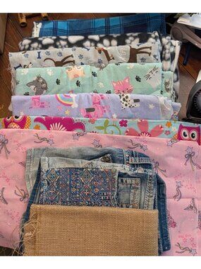 Assorted Fabric & Trim Lot: Cotton Denim Burlap Lace Ribbons & Ruffled Eyelet Va